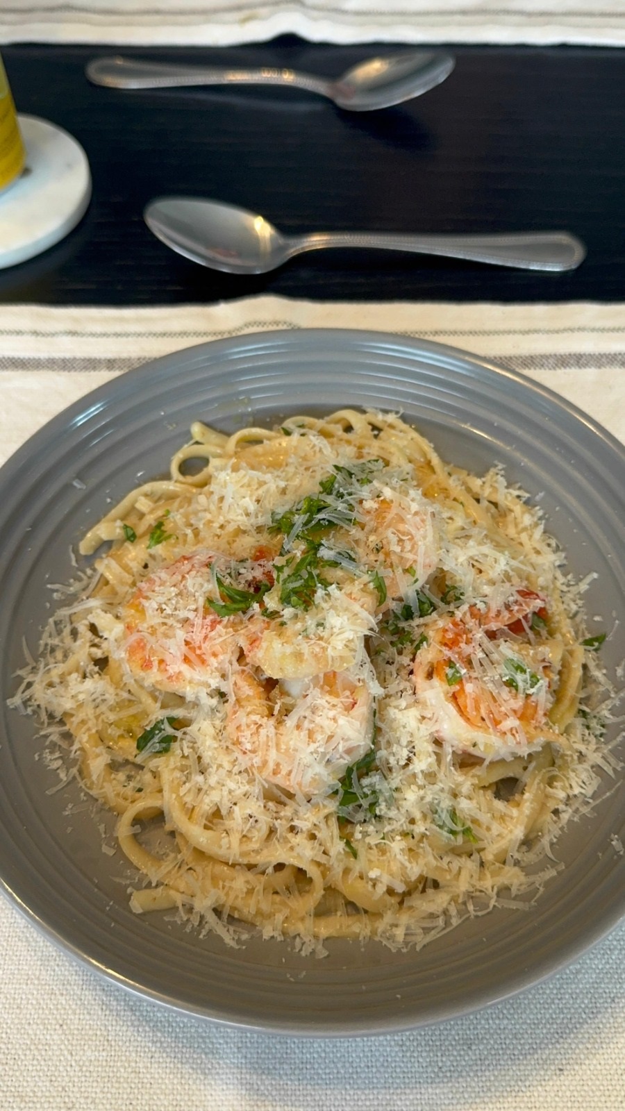 Creamy prawn pasta finished with parmesan